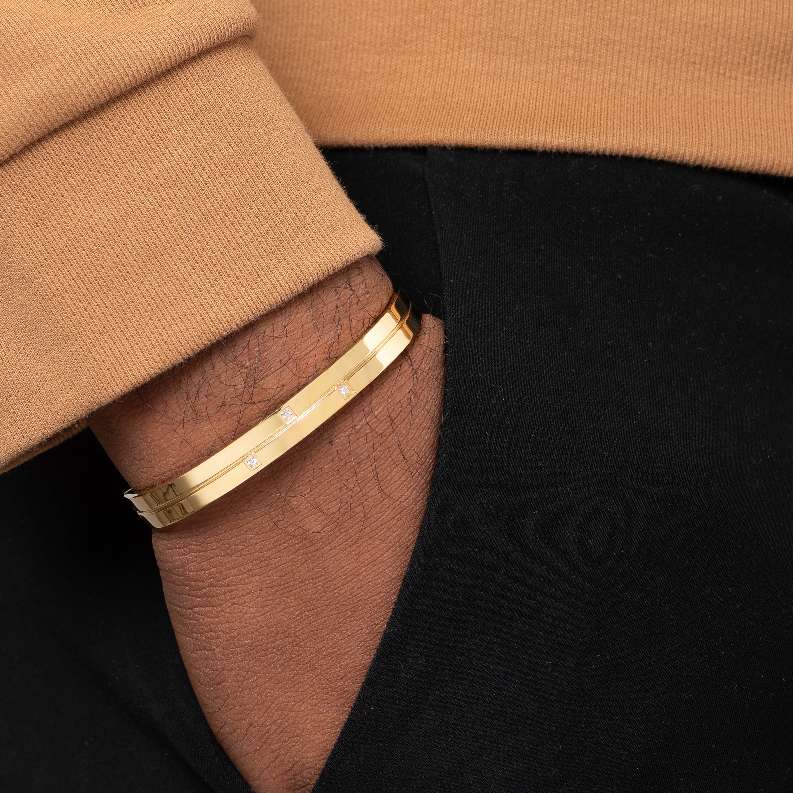 Three Dus Diamond Gold Men's Kada Bracelet